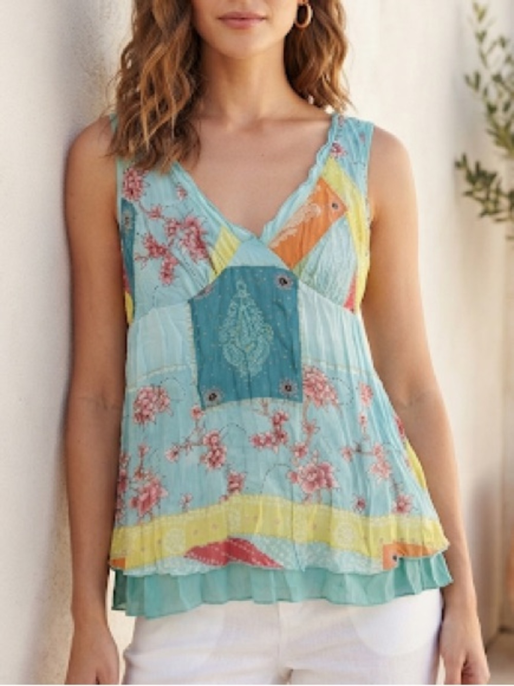 Costa Blanca Aqua Patchwork Boho Sleeveless Floral V-Neck Tank Size Medium